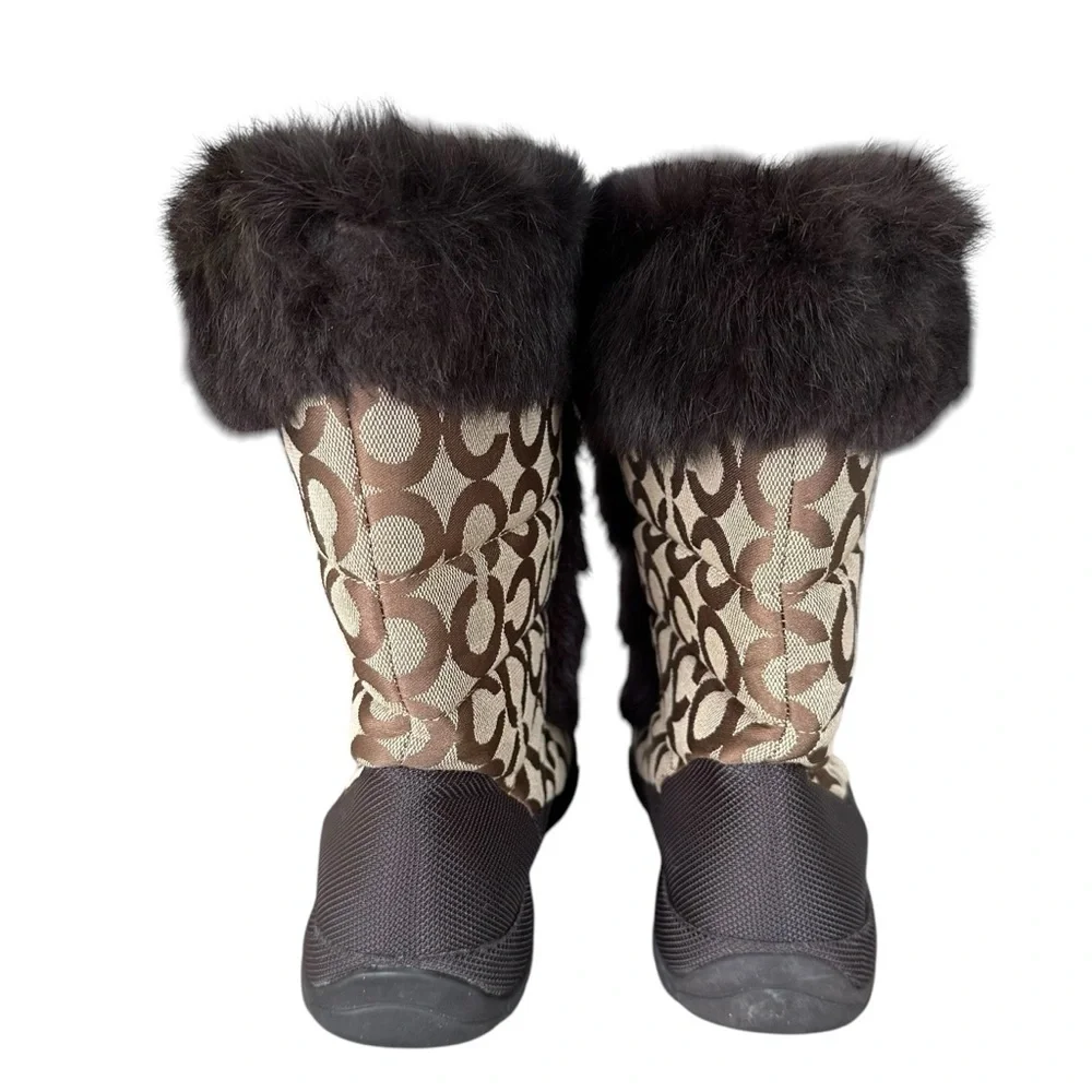 COACH Jennie Signature Quilted Monogram Print Winter Boot Rabbit Fur Trim Size 6